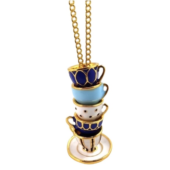 Blue Tea Time Cups Alice in Wonderland Necklace - Picture 1 of 9